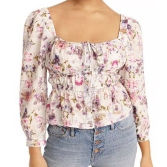 J.CREW Tops - J Crew Top Womens 12 Floral Whimisical Milkmaid Blouse White Purple Cottagecore